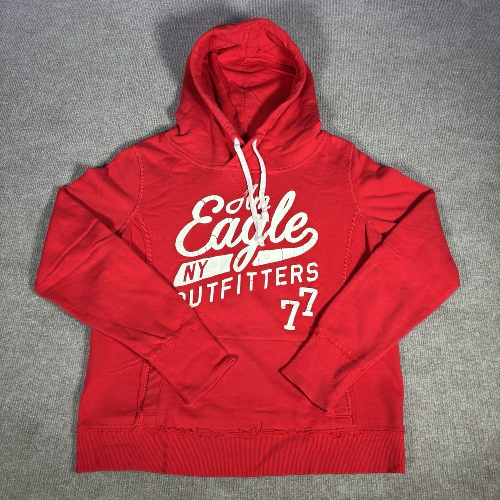 American Eagle Hoodie Sweatshirt Womens L Pullover Red Fleece Logo Preppy Y2K